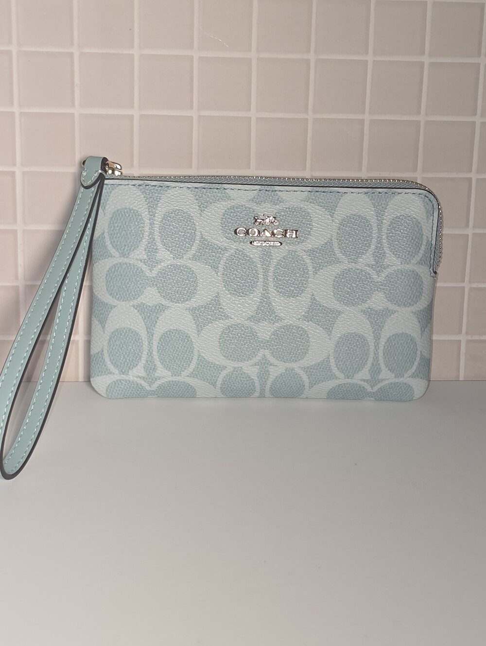 Coach Light Blue Signature Wristlet Pouch with Silver Logo